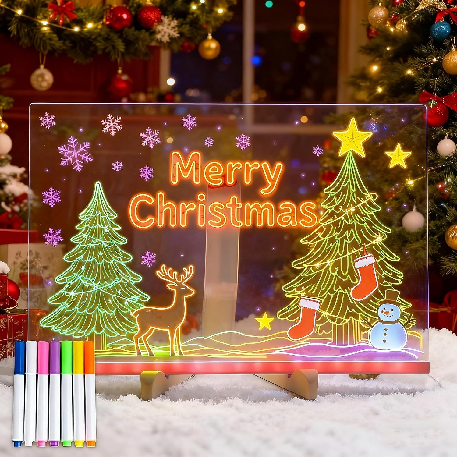 LED Note Board with Colors 5.9" X 5.9", Message LED Light up Drawing Board with 7 Colors Pens and Stand, Suit for Home Office Birthday Valentine'S Day