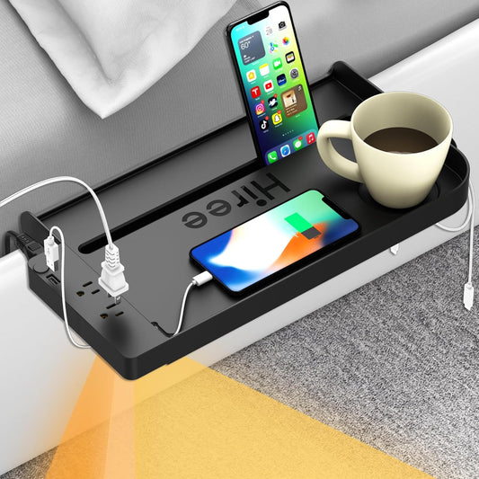 Bedside Shelf for Dorm Bunk Bed with USB Charging Port and 2 AC Outlets, Bedside Caddy, Attachable Bedside Table, College Dorm Essential Clip on Bedside Tray, Bunk Bed Accessories, Bedroom Furniture