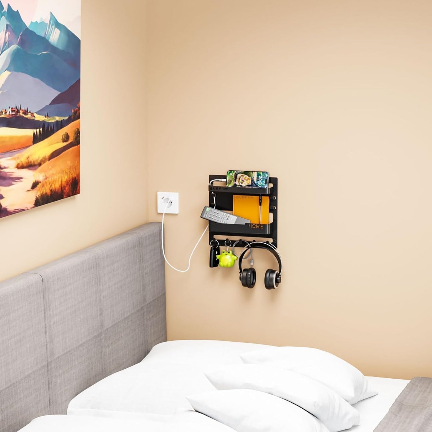 Bedside Shelf Wall Mount and Wall Nightstand for Bedroom,Rv,Dorm Room,Bedside Wall Organizer for Phone Holder,Wall Mount Shelf Organizer for Charging Station and Remote Control Holder,Black